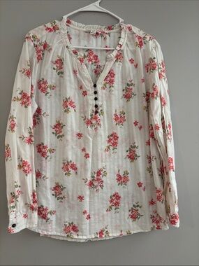 beachlunchlounge White Floral Ruffle-Neck Long-Sleeve Blouse